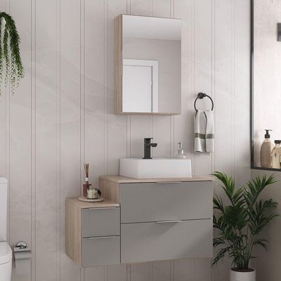 Conjunto Gabinete Banheiro Nivus 80 (gabinete+espelheira+cuba) Madeirado Cinza