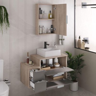 Conjunto Gabinete Banheiro Nivus 80 (gabinete+espelheira+cuba) Madeirado Cinza