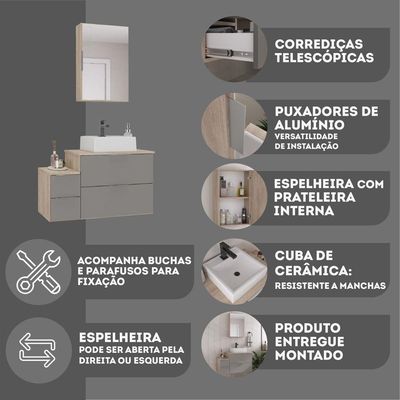 Conjunto Gabinete Banheiro Nivus 80 (gabinete+espelheira+cuba) Madeirado Cinza