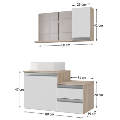 Conjunto Gabinete Banheiro Cross 80 (gabinete+espelheira+cuba) Madeirado Branco