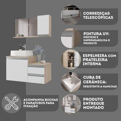 Conjunto Gabinete Banheiro Cross 80 (gabinete+espelheira+cuba) Madeirado Branco