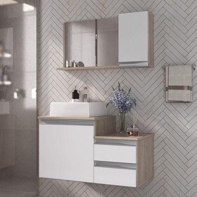 Conjunto Gabinete Banheiro Cross 80 (gabinete+espelheira+cuba) Madeirado Branco