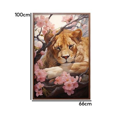 Quadro Decorativo Leão Flor Cerejeira Moldura Cx Alta 100x66 Titulo Moldura Madeira