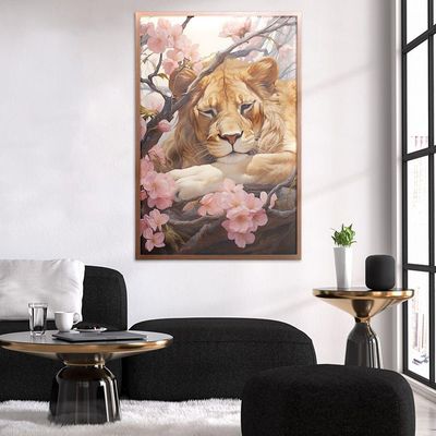 Quadro Decorativo Leão Flor Cerejeira Moldura Cx Alta 100x66 Titulo Moldura Madeira