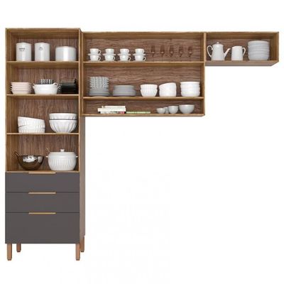 Cozinha Compacta Topázio UP com 5 Portas 3 Gavetas e 4 Prateleiras  262,5cm de largura Bartira Damasco/Grafite