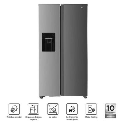 Geladeira TCL Side by Side C516SBIMN Twin Eco Inverter Frost Free516L Dispenser de Água na Porta Metal Cooling Painel Digital com 2 Portas Inox / 110V