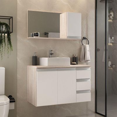 Conjunto Gabinete Banheiro Prisma 80cm Gabinete + Cuba + Espelheira Madeirado Branco