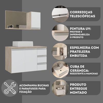 Conjunto Gabinete Banheiro Prisma 80cm Gabinete + Cuba + Espelheira Madeirado Branco