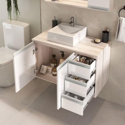 Conjunto Gabinete Banheiro Prisma 80cm Gabinete + Cuba + Espelheira Madeirado Branco