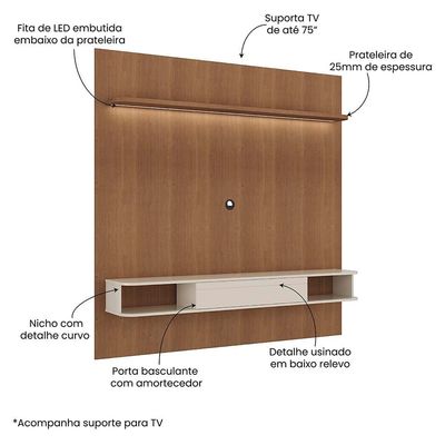 Painel Belluno Artely para TV de até 75 Polegadas com 1 Prateleira e 2 Nichos Cinamomo/Off White