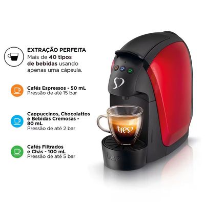 Máquina de Café Espresso 3 Corações Luna Automática 600ml Vermelho / 110V