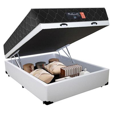 Cama Box Baú Casal + Colchão Semi Ortopédico Extra Firme Espuma D33 Prime Colchões 72x138x188 Cor:branco