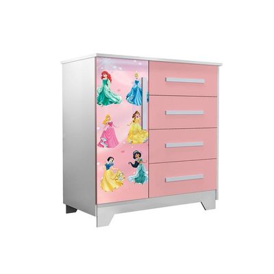 Comoda Infantil Personagens Organizadora 4 Gavetas 1 Porta Rosa