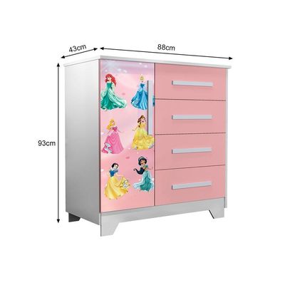 Comoda Infantil Personagens Organizadora 4 Gavetas 1 Porta Rosa