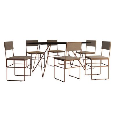 Mesa Jantar Retangular Industrial Trama 1,50x0,90m Preta Com 6 Cadeiras Estofadas Bege E Cobre Vitór Preto