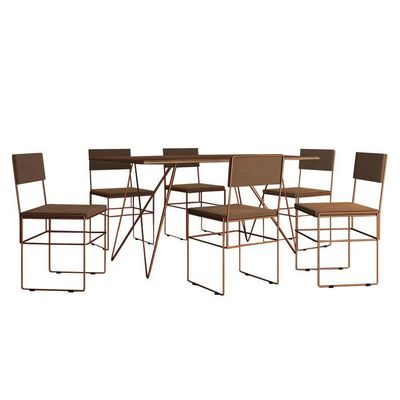 Mesa Jantar Retangular Industrial Trama 1,50x0,90m Amêndoa 6 Cadeiras Estofadas Marrom E Cobre Vitór Marrom