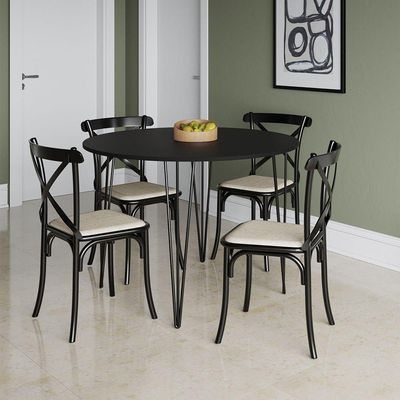 Mesa Jantar Redonda Preta Elen 110cm Hairpin Com 4 Cadeiras Katrina Preto
