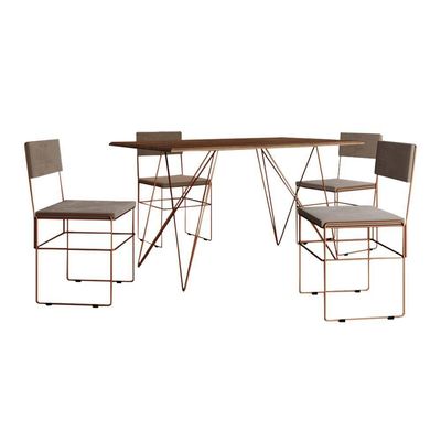 Mesa Jantar Industrial Trama 1,40x0,80m Amêndoa Com 4 Cadeiras Estofadas Vitória Bege E Cobre Marrom