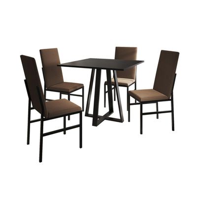 Conjunto De Jantar Mesa Mônaco Premium 90cm Preta Com 4 Cadeiras Estofadas Marrom Preto