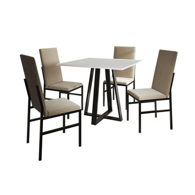 Conjunto De Jantar Mesa Mônaco Premium 90cm Branca Com 4 Cadeiras Estofadas Bege Preto