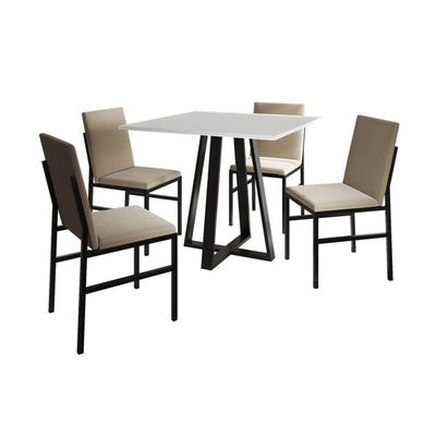 Conjunto De Jantar Mesa Mônaco 90cm Tampo Branco Com 4 Cadeiras Estofadas Bege Preto