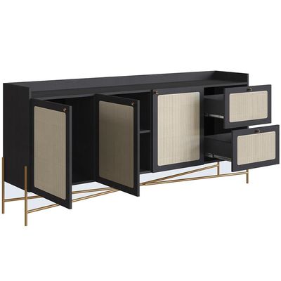 Aparador Buffet Para Sala de Jantar 183cm Industrial Indy A03 Nero Dourado - Lyam Decor