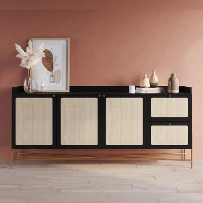 Aparador Buffet Para Sala de Jantar 183cm Industrial Indy A03 Nero Dourado - Lyam Decor