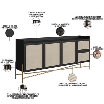 Aparador Buffet Para Sala de Jantar 183cm Industrial Indy A03 Nero Dourado - Lyam Decor