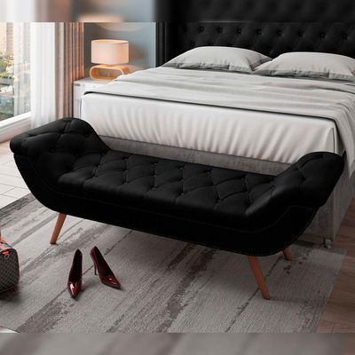 Kit Cabeceira Cama Box Casal 160 cm Madrid com Puff Recamier Santorini Couríssimo Preto - Lyam Decor
