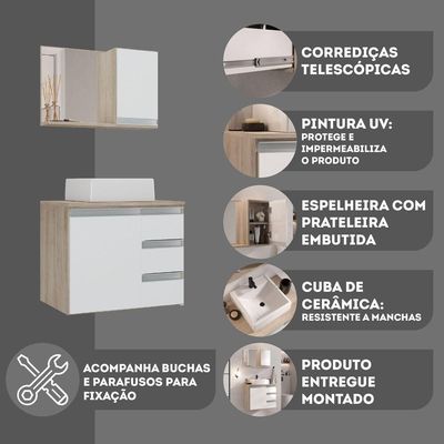 Conjunto Gabinete Banheiro Prisma 60cm Gabinete + Cuba + Espelheira Madeirado Branco