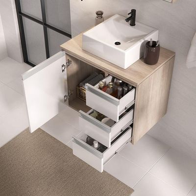 Conjunto Gabinete Banheiro Prisma 60cm Gabinete + Cuba + Espelheira Madeirado Branco