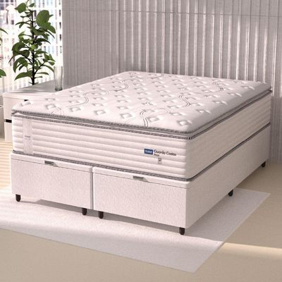 Cama Box Baú Casal King Colchão Molas Guarda Costas Max Com Pillow Branco/cinza