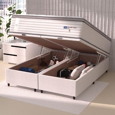 Cama Box Baú Casal King Colchão Molas Guarda Costas Max Com Pillow Branco/cinza
