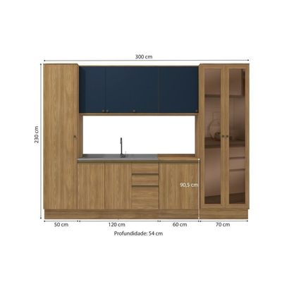 Cozinha Modulada Celeste Kappesberg 100% MDF Nogueira/Azul 7 Peças