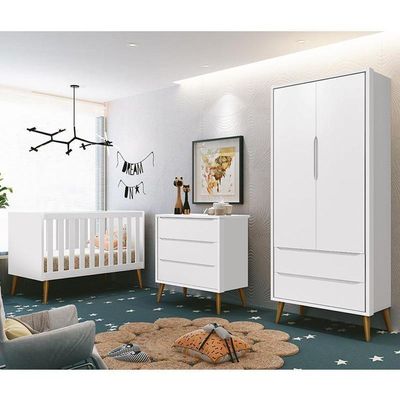 Dormitório Infantil Theo Retrô 2 Portas Cômoda E Berço Branco Fosco Com Pés Amadeirado Reller Móveis Branco Fosco