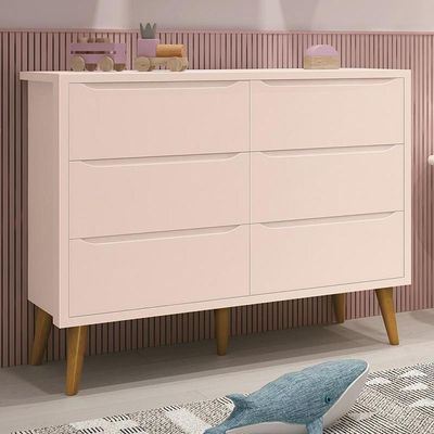 Cômoda Infantil Theo 6 Gavetas Rosa Fosco Com Pés Amadeirado Reller Móveis Rosa Fosco