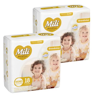Fralda Descartável Mili Love & Care 2 Pacotes c/ 18 (total: 36 fraldas)  Tam: XXXG - Grandinho