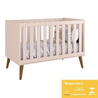 Dormitório Theo 2 Portas, Cômoda 6 Gavetas, Berço Rosa Fosco Com Pés Amadeirado E Colchão Reller Móveis Rosa Fosco