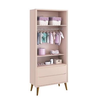 Dormitório Theo 2 Portas, Cômoda 6 Gavetas, Berço Rosa Fosco Com Pés Amadeirado E Colchão Reller Móveis Rosa Fosco