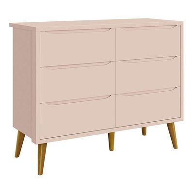 Dormitório Theo 2 Portas, Cômoda 6 Gavetas, Berço Rosa Fosco Com Pés Amadeirado E Colchão Reller Móveis Rosa Fosco