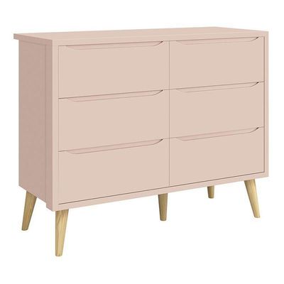 Jogo De Quarto Infantil Theo Cômoda 6 Gavetas E Berço Rosa Fosco Com Pés Madeira Natural Reller Móveis Rosa Fosco