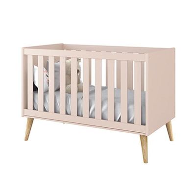 Jogo De Quarto Infantil Theo Cômoda 6 Gavetas E Berço Rosa Fosco Com Pés Madeira Natural Reller Móveis Rosa Fosco