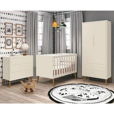Dormitório Infantil Theo Retrô 2 Portas Cômoda E Berço Areia Fosco Com Pés Amadeirado Reller Móveis Areia Fosco