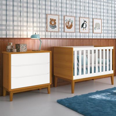 Jogo De Quarto Infantil Cômoda 3 Gavetas E Berço Classic Branco Savana Com Pés Amadeirado Reller Móveis Branco Savana