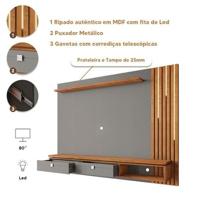 Painel Home Suspenso Ripado Led Tv Até 80 Polegadas Titanium Naturalle Hit Shop Jm