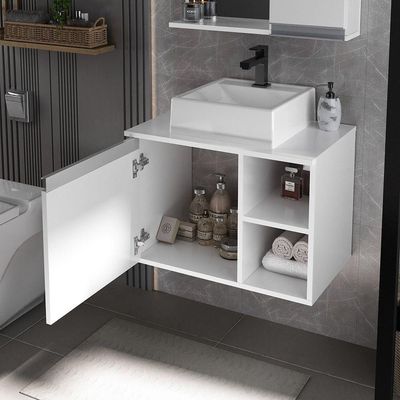 Conjunto Gabinete Banheiro Virtus 60cm - Gabinete + Cuba + Espelheira Branco Inteiro