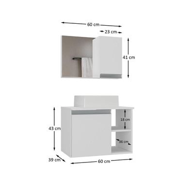 Conjunto Gabinete Banheiro Virtus 60cm - Gabinete + Cuba + Espelheira Branco Inteiro