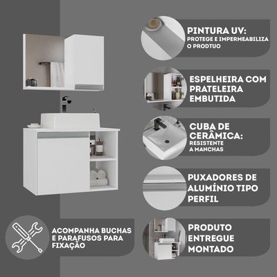 Conjunto Gabinete Banheiro Virtus 60cm - Gabinete + Cuba + Espelheira Branco Inteiro