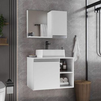 Conjunto Gabinete Banheiro Virtus 60cm - Gabinete + Cuba + Espelheira Branco Inteiro