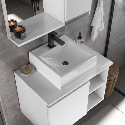 Conjunto Gabinete Banheiro Virtus 60cm - Gabinete + Cuba + Espelheira Branco Inteiro